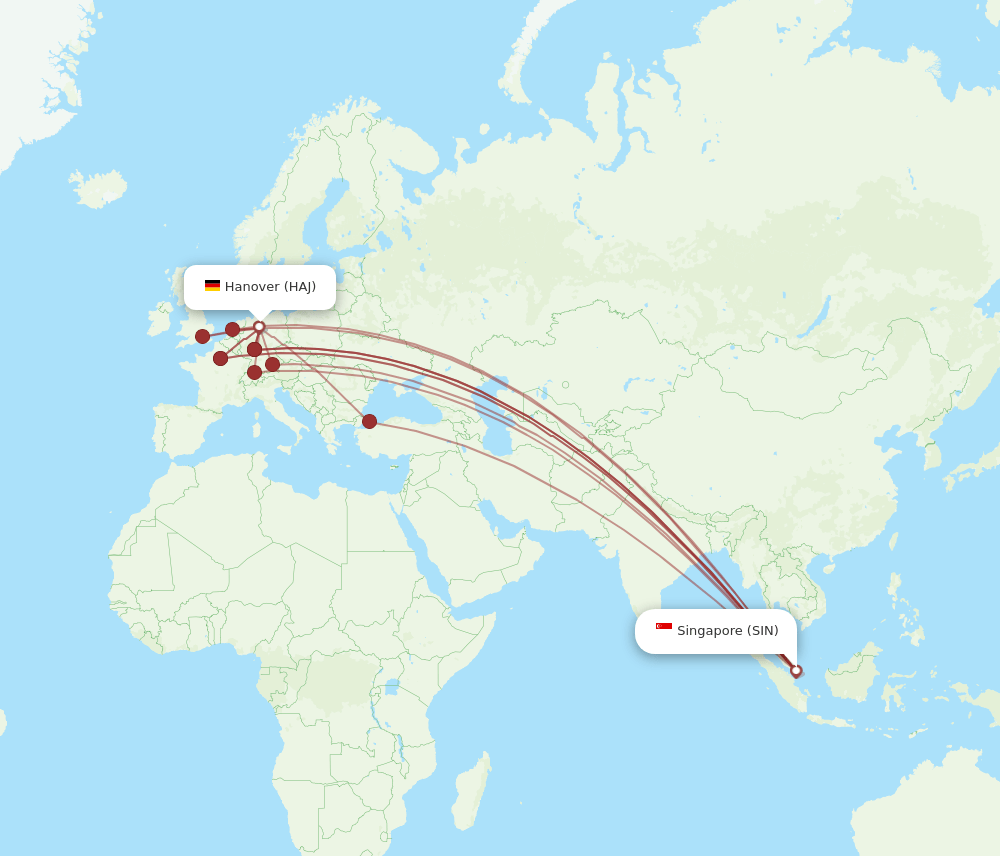 HAJ to SIN flights and routes map