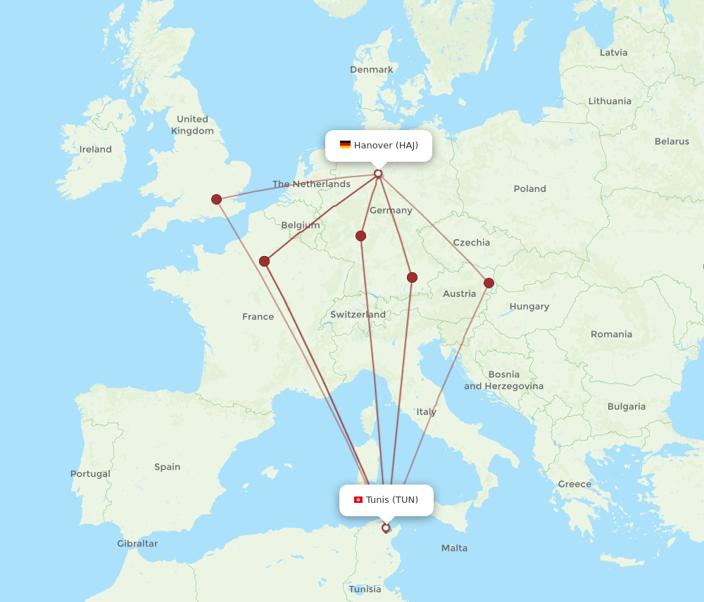 HAJ to TUN flights and routes map