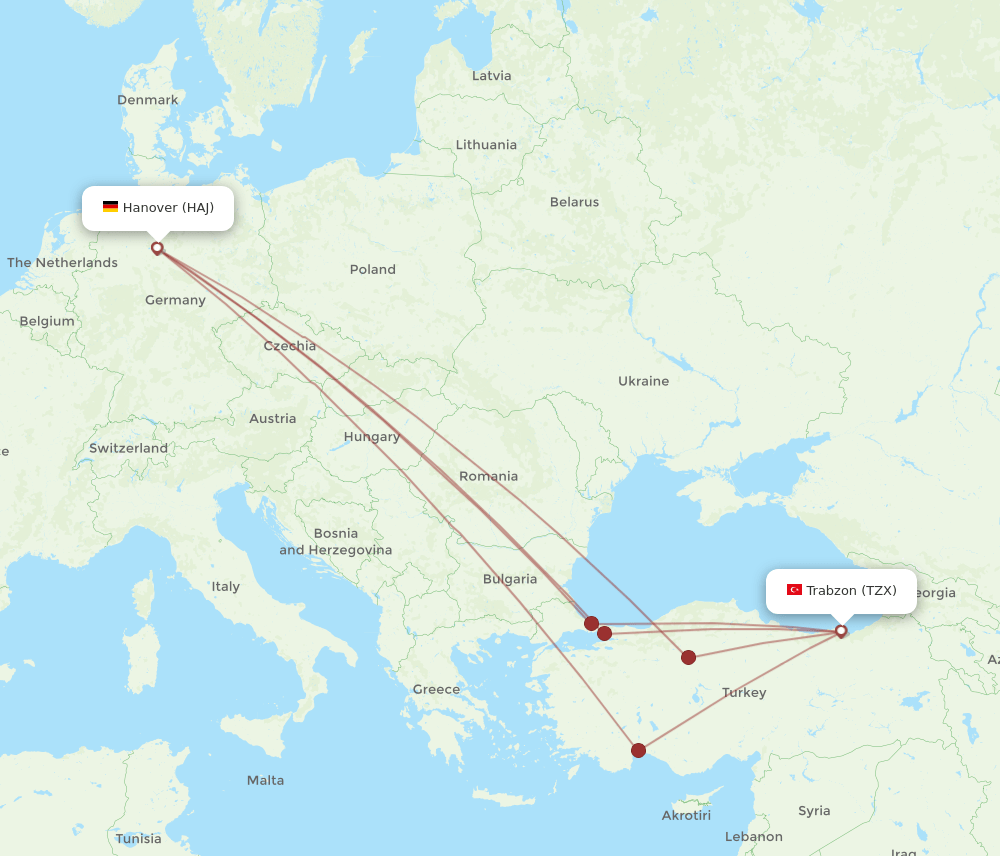 HAJ to TZX flights and routes map