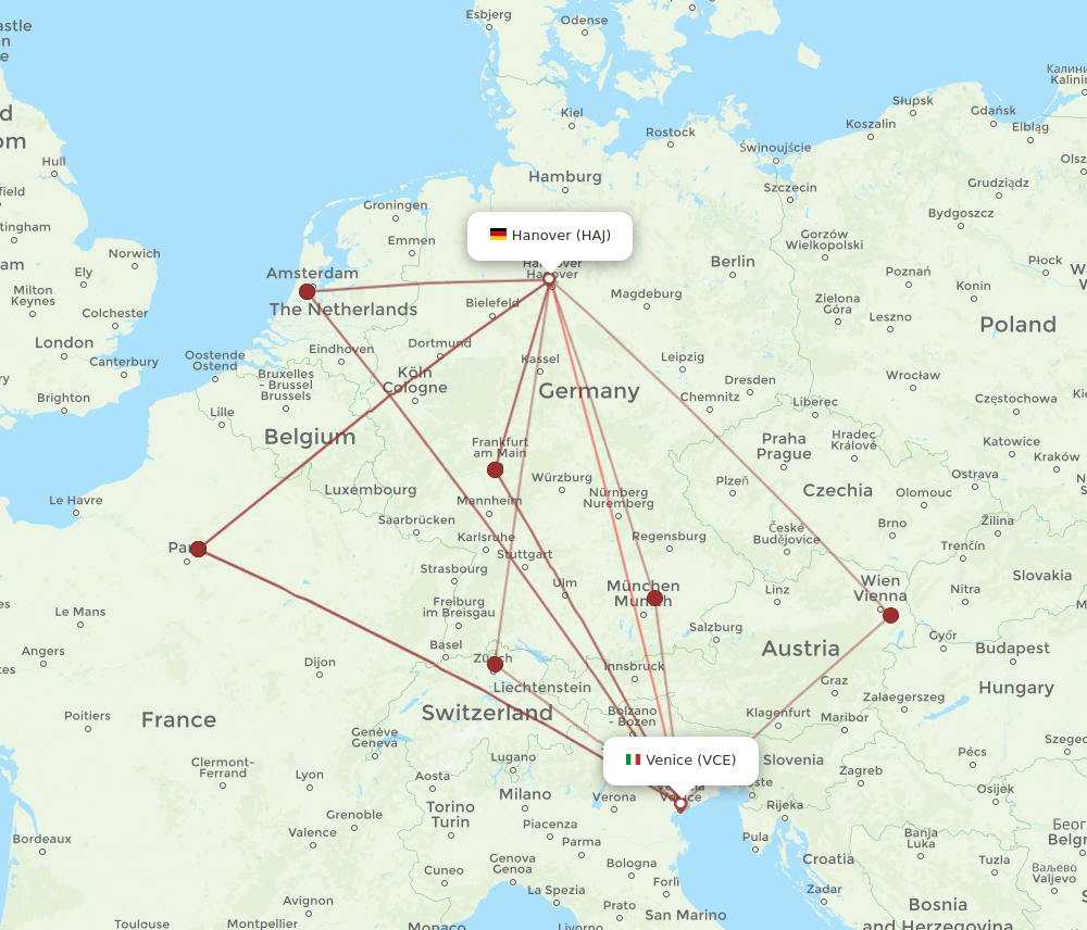 HAJ to VCE flights and routes map