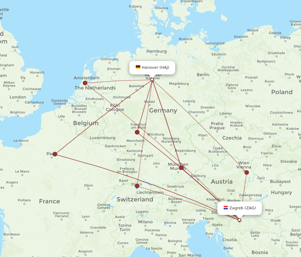 Zagreb - Hanover route map and flight paths
