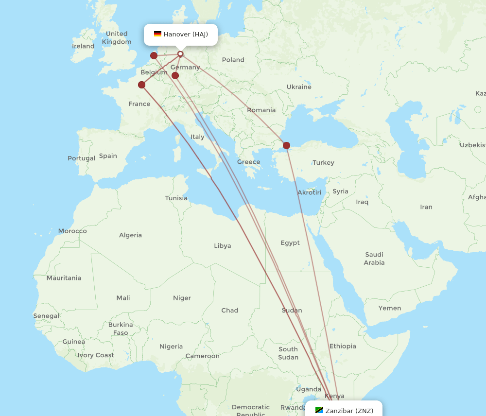 Zanzibar - Hanover route map and flight paths