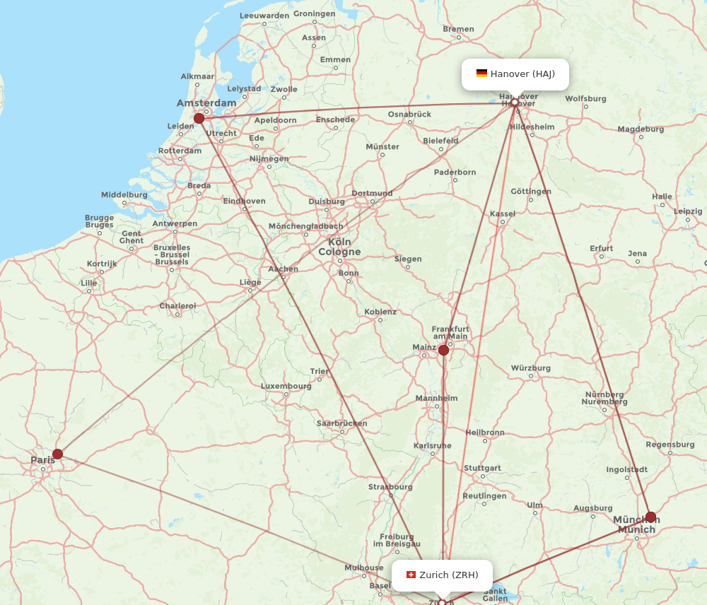 HAJ to ZRH flights and routes map