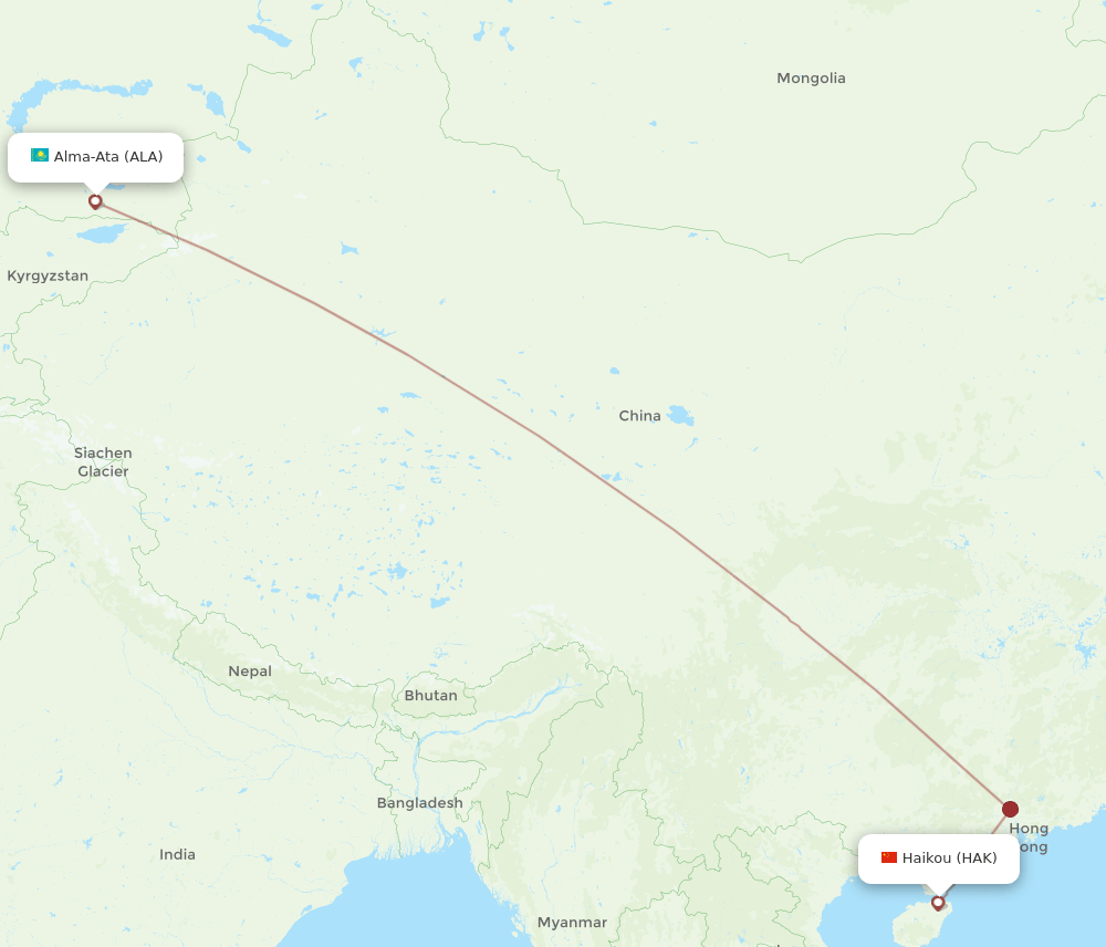 Almaty - Haikou route map and flight paths