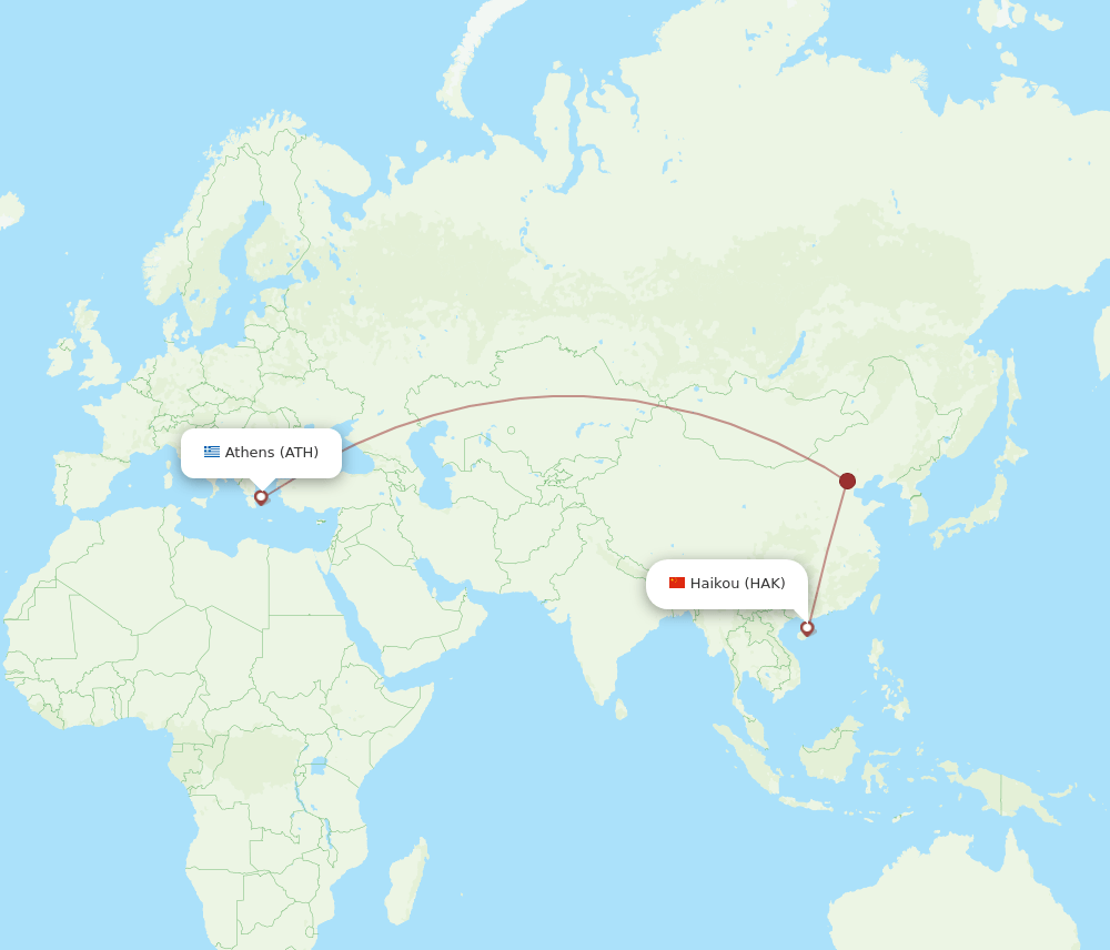 Athens - Haikou route map and flight paths