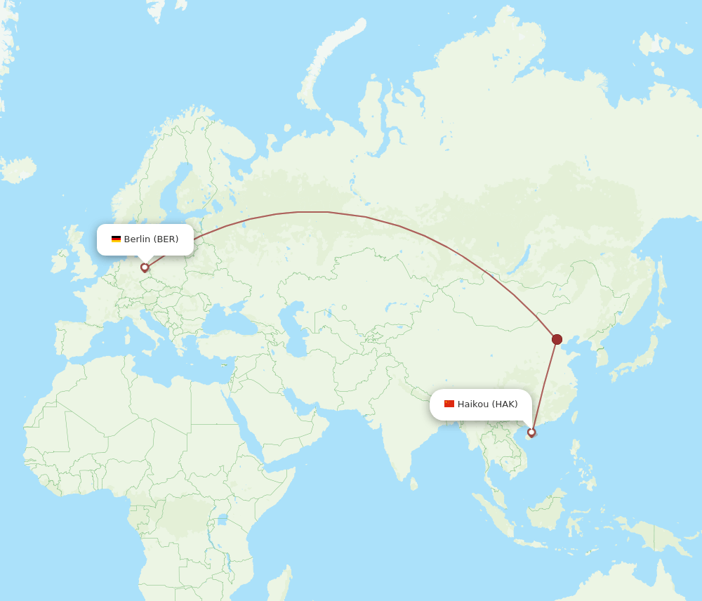 Berlin - Haikou route map and flight paths