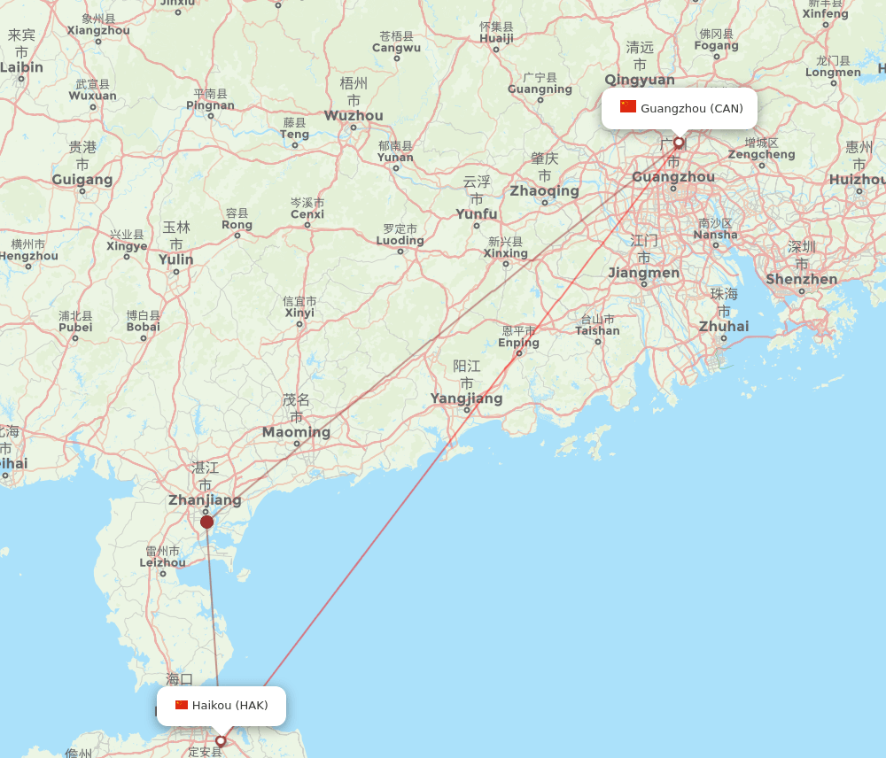 Haikou - Guangzhou route map and flight paths