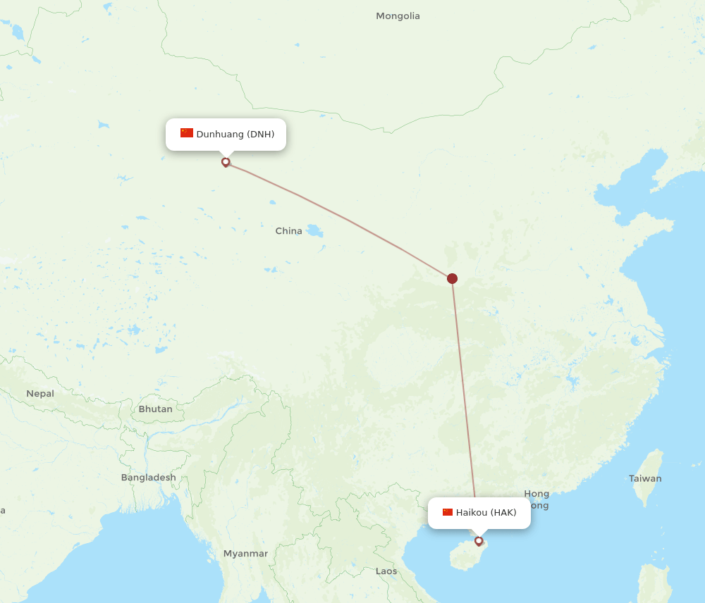 Dunhuang - Haikou route map and flight paths