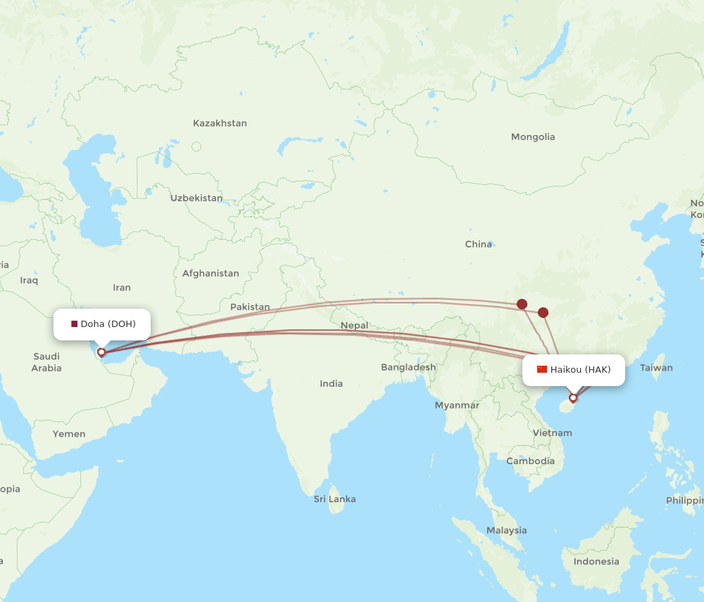 HAK to DOH flights and routes map