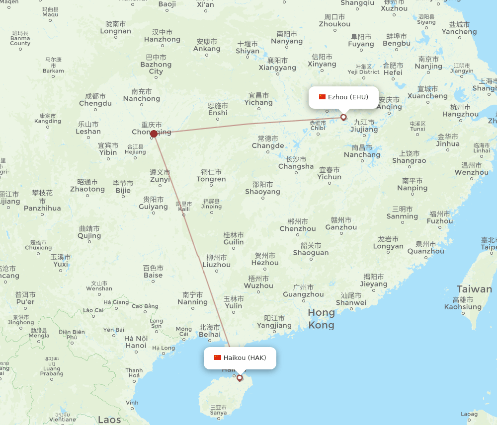 Ezhou - Haikou route map and flight paths