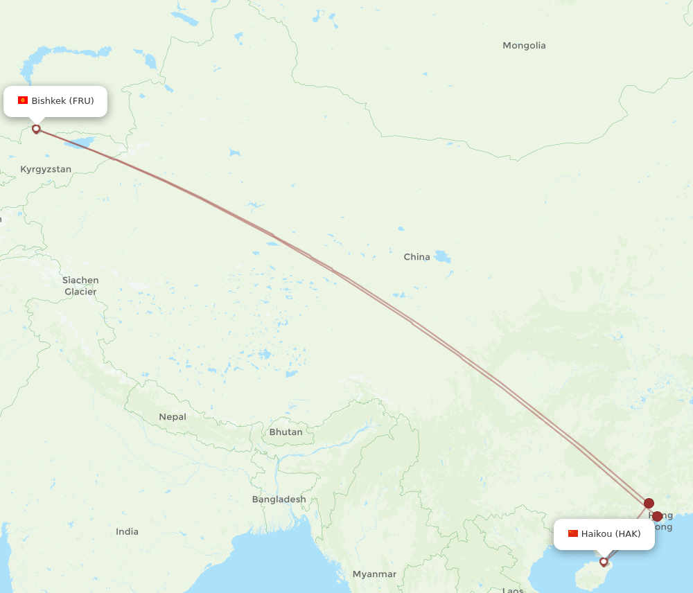 Bishkek - Haikou route map and flight paths