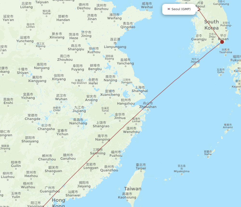 Haikou - Seoul route map and flight paths