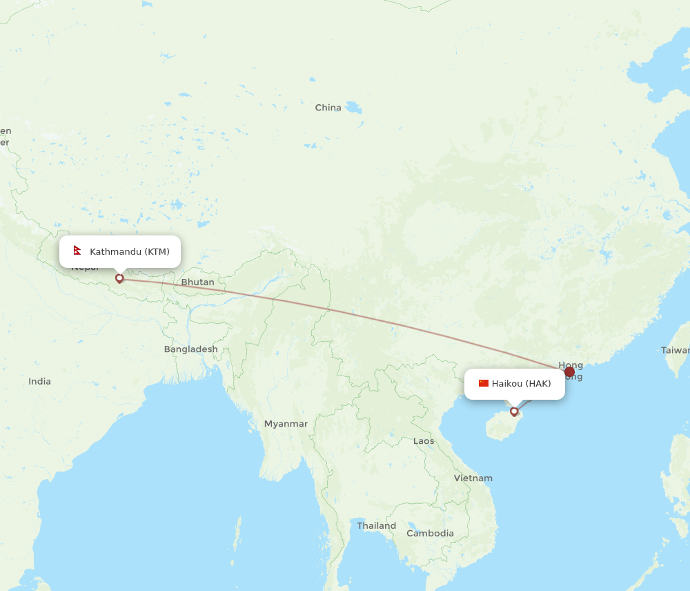 Kathmandu - Haikou route map and flight paths