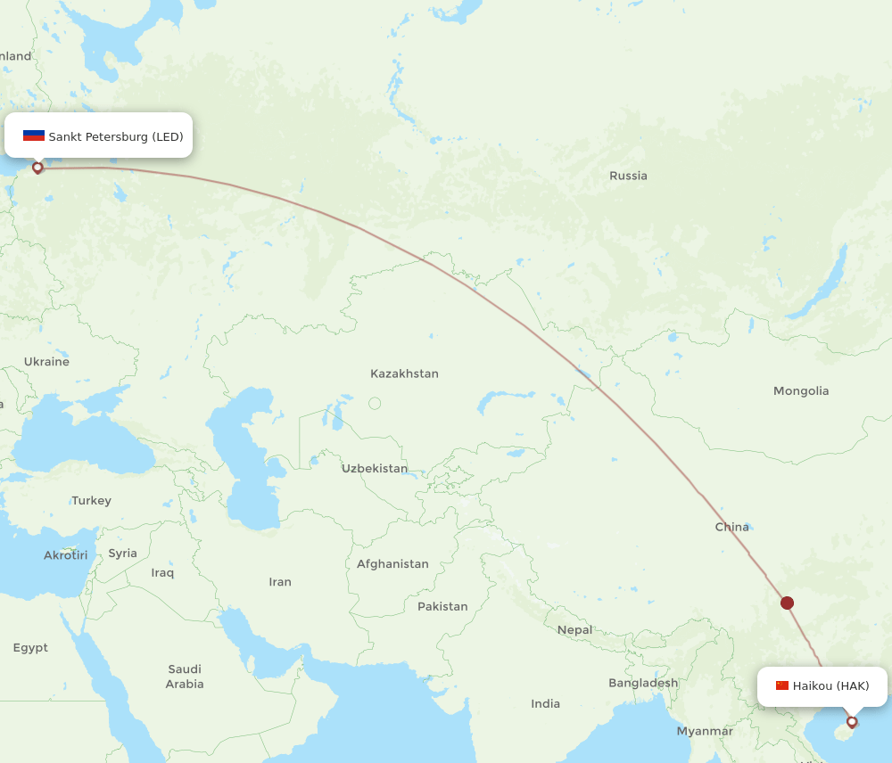 Saint Petersburg - Haikou route map and flight paths