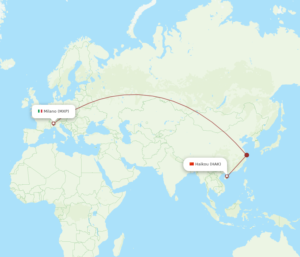 Milan - Haikou route map and flight paths