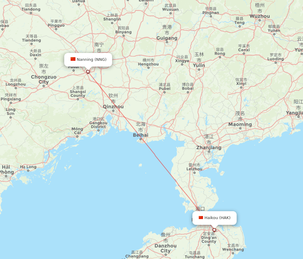 Haikou - Nanning route map and flight paths