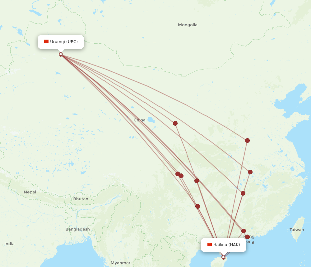 HAK to URC flights and routes map