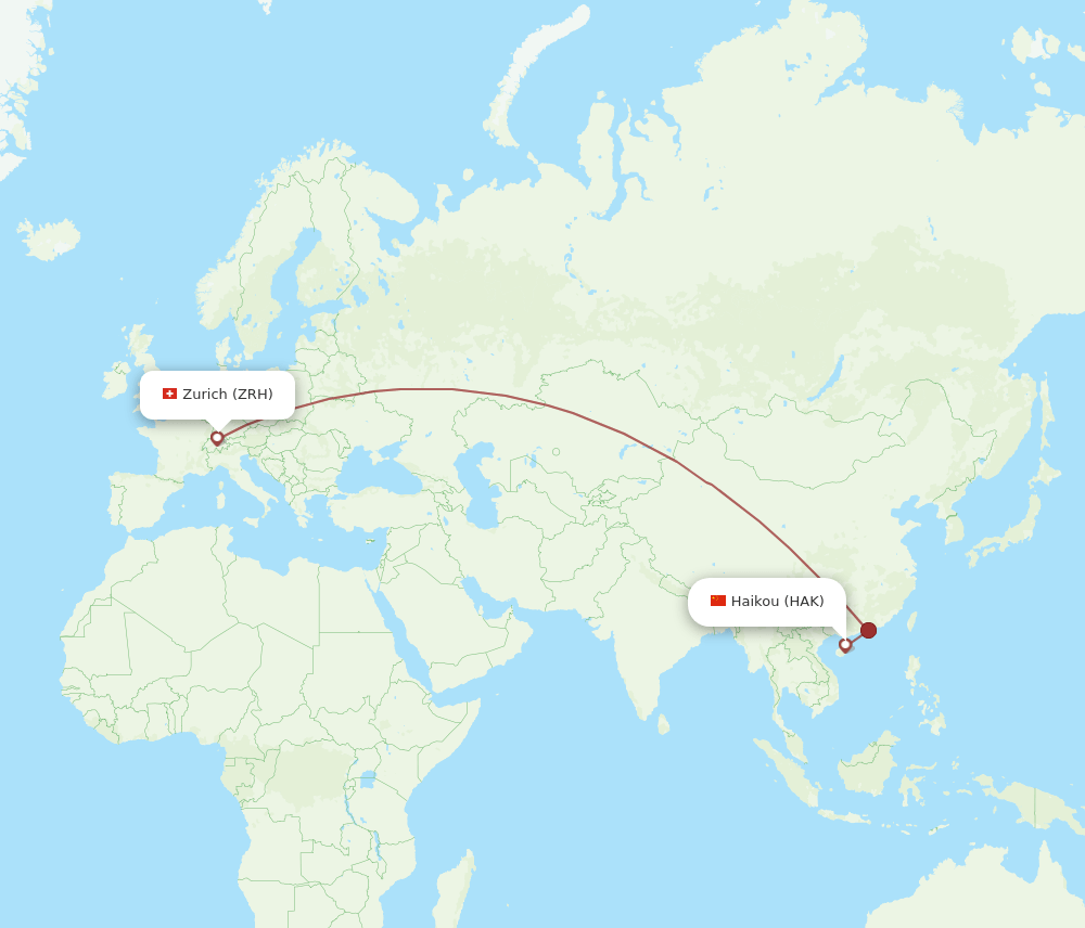 Zurich - Haikou route map and flight paths