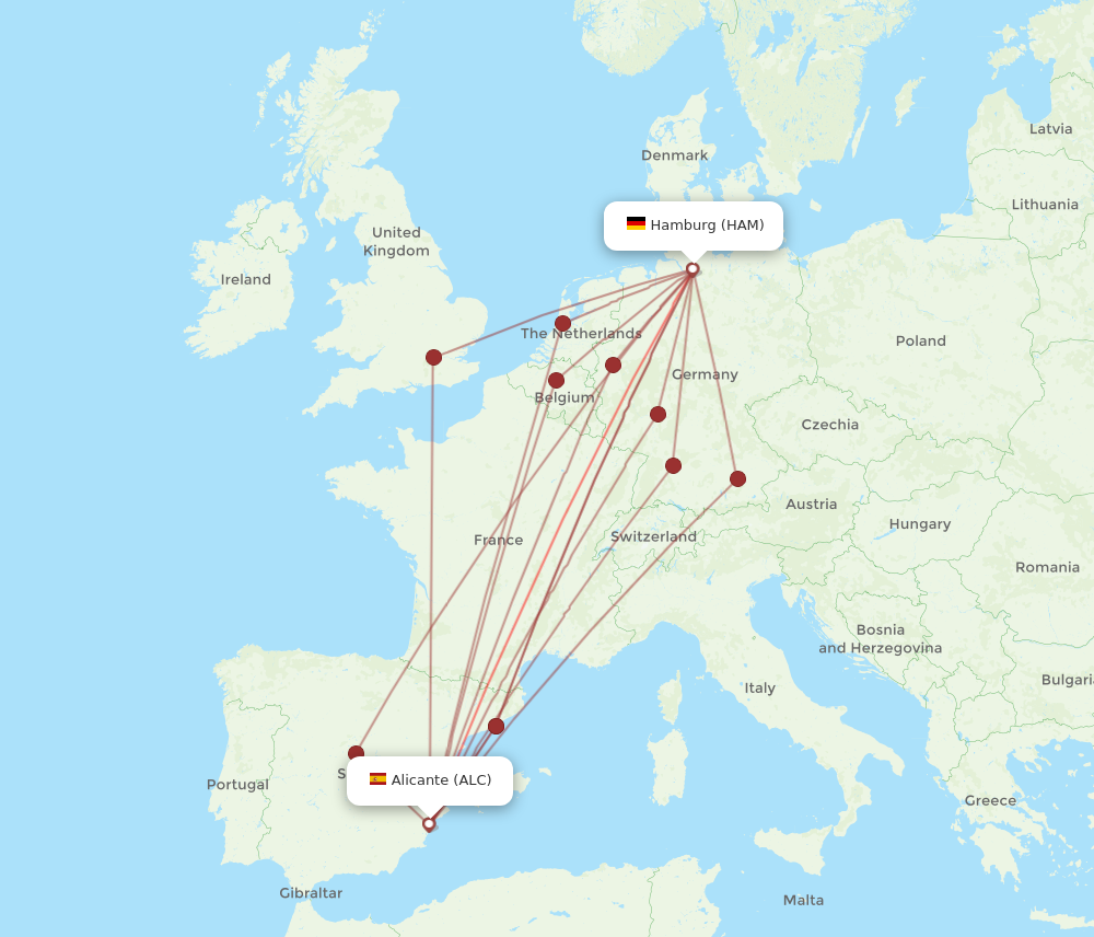 HAM to ALC flights and routes map