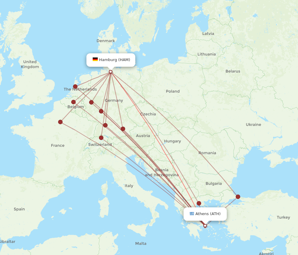 HAM to ATH flights and routes map