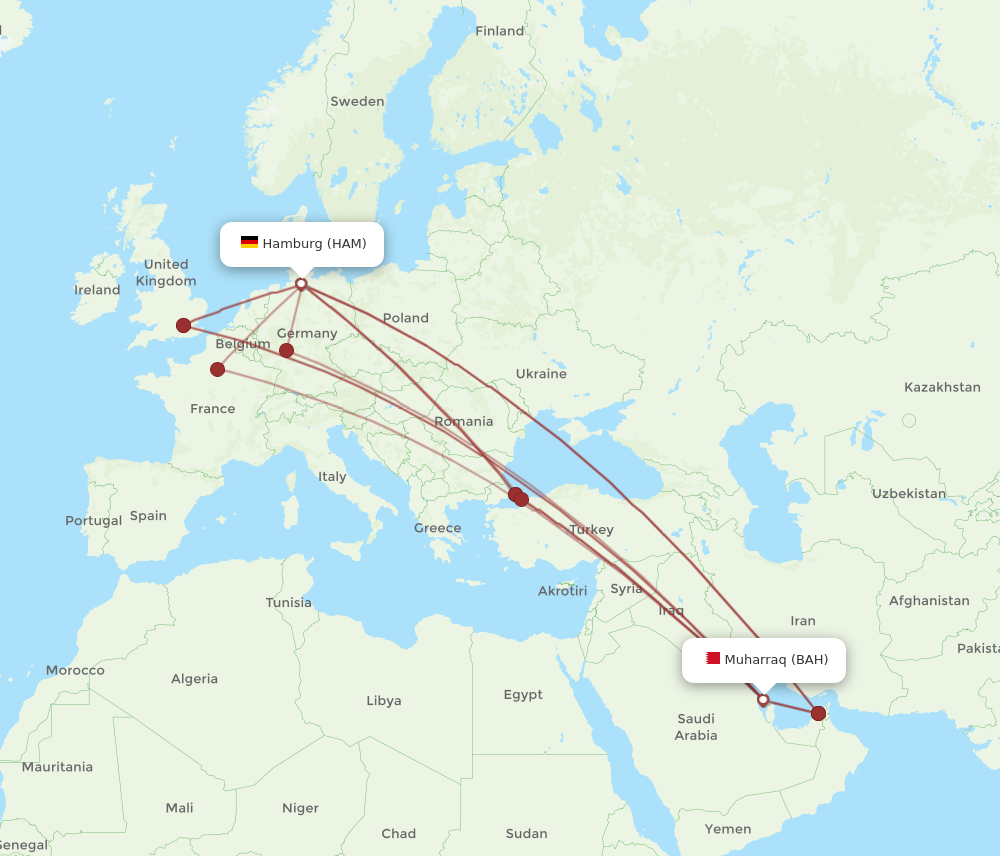 HAM to BAH flights and routes map