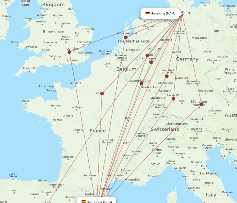 HAM to BCN flights and routes map