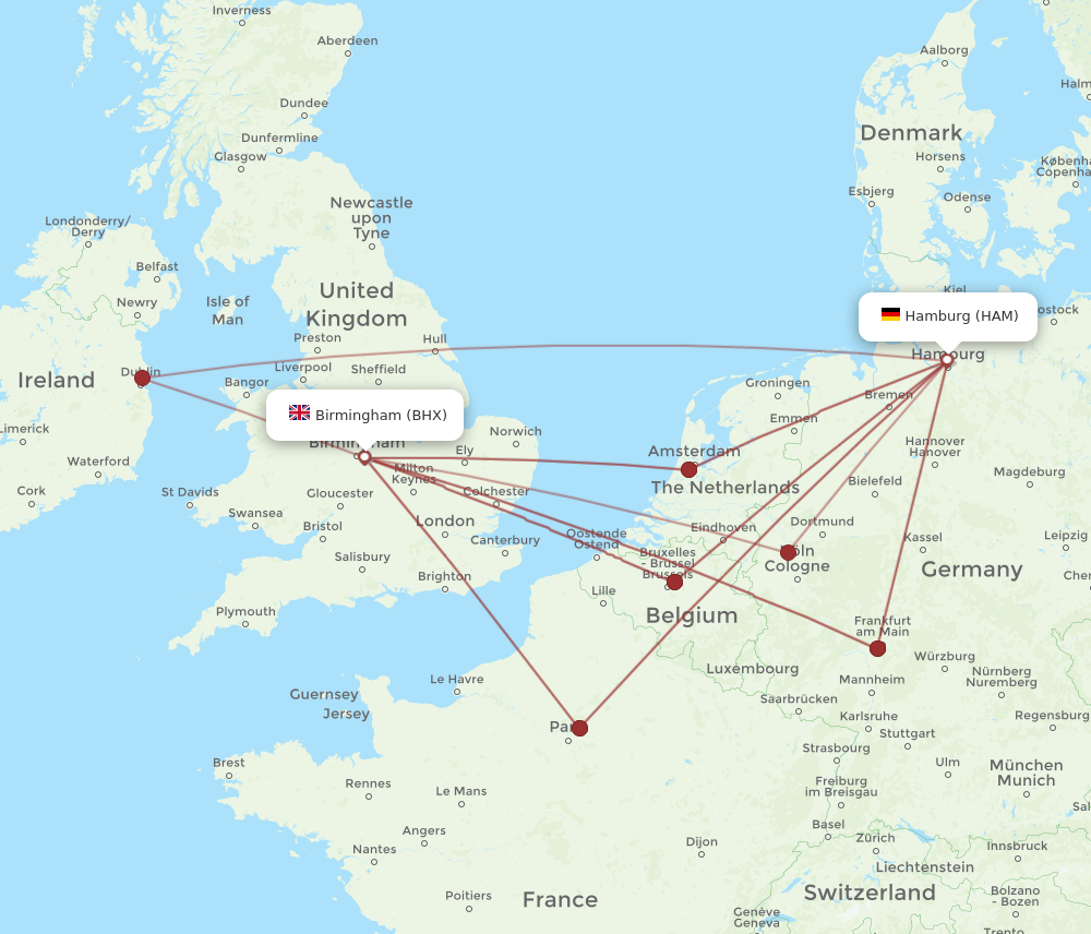 HAM to BHX flights and routes map