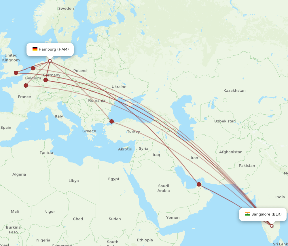 HAM to BLR flights and routes map