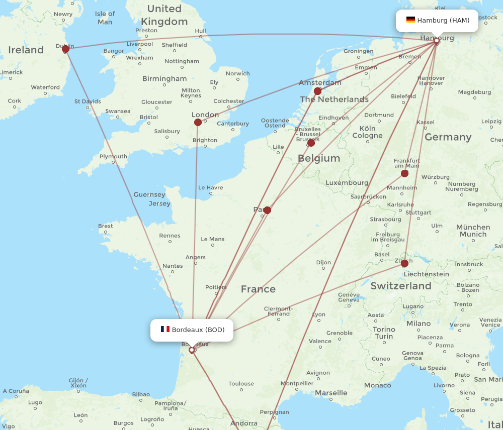 HAM to BOD flights and routes map