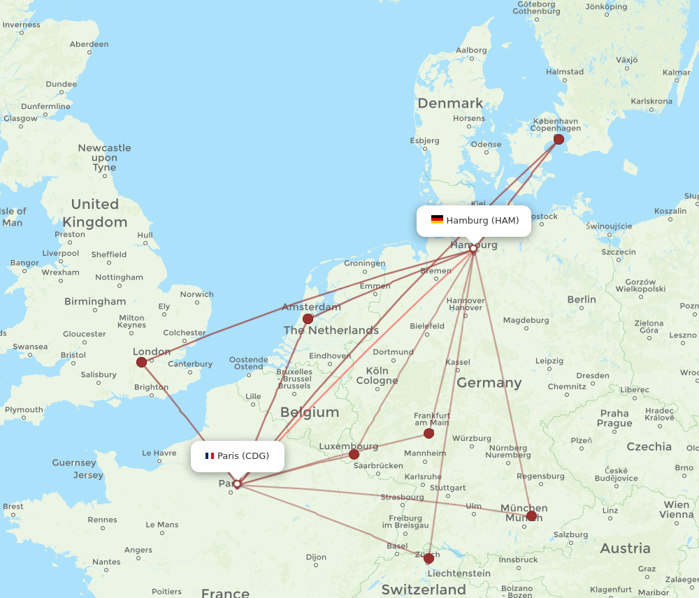 HAM to CDG flights and routes map