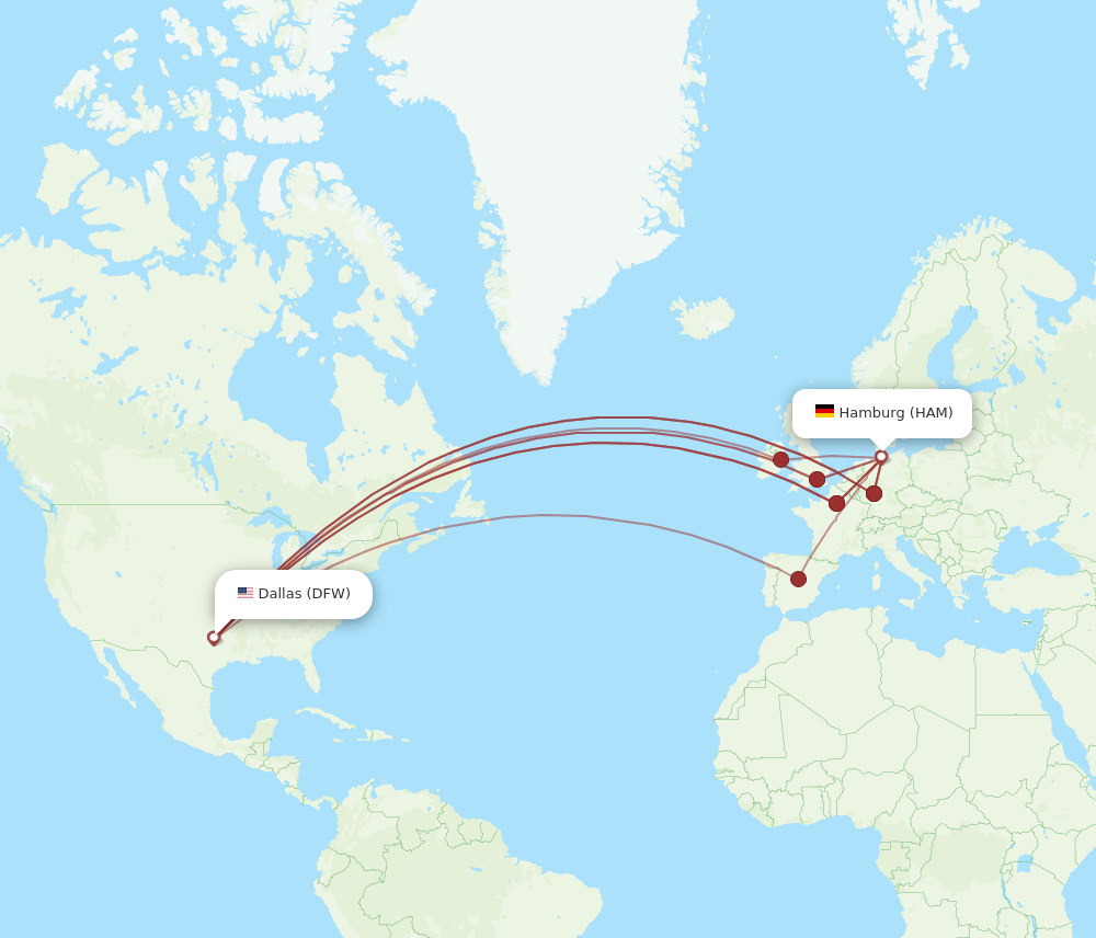 HAM to DFW flights and routes map