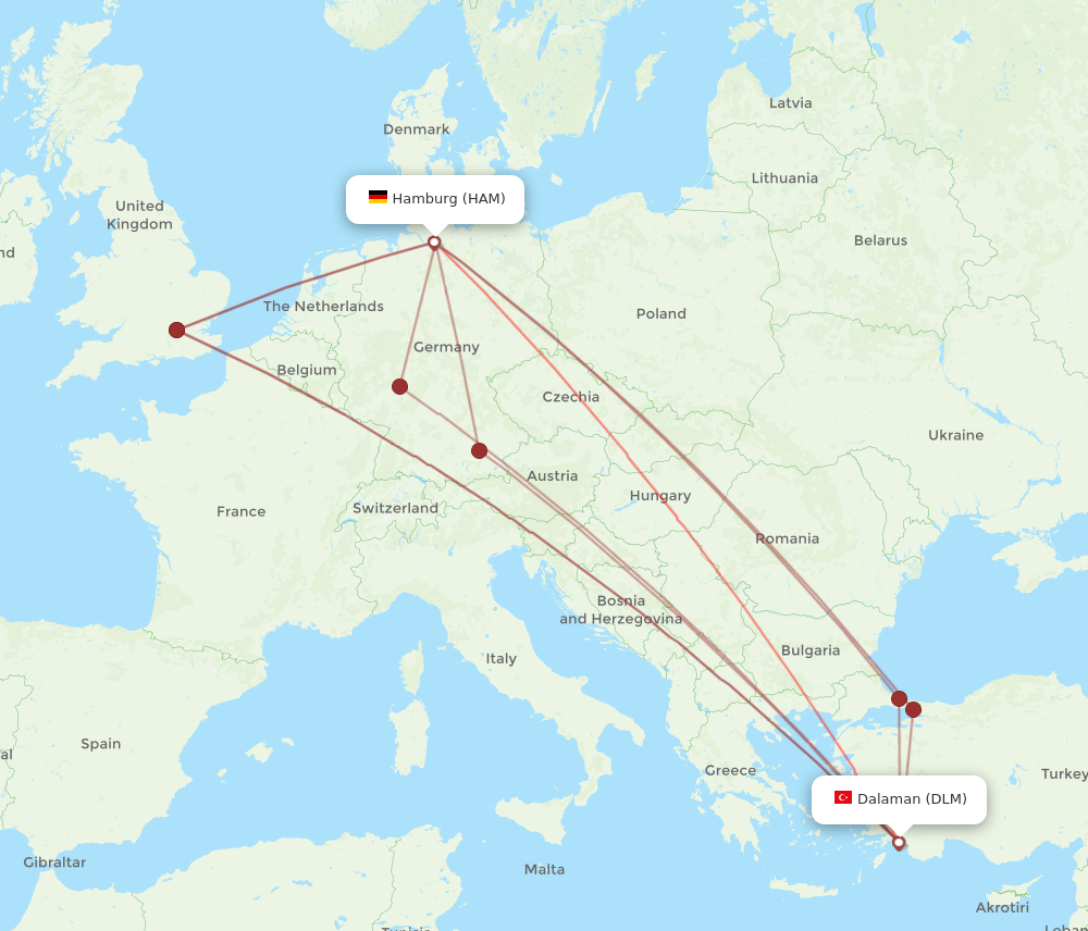 HAM to DLM flights and routes map