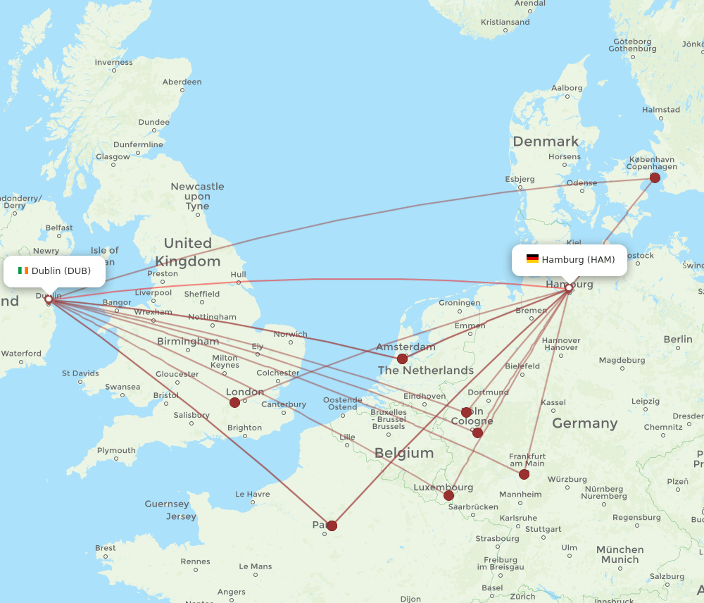 HAM to DUB flights and routes map