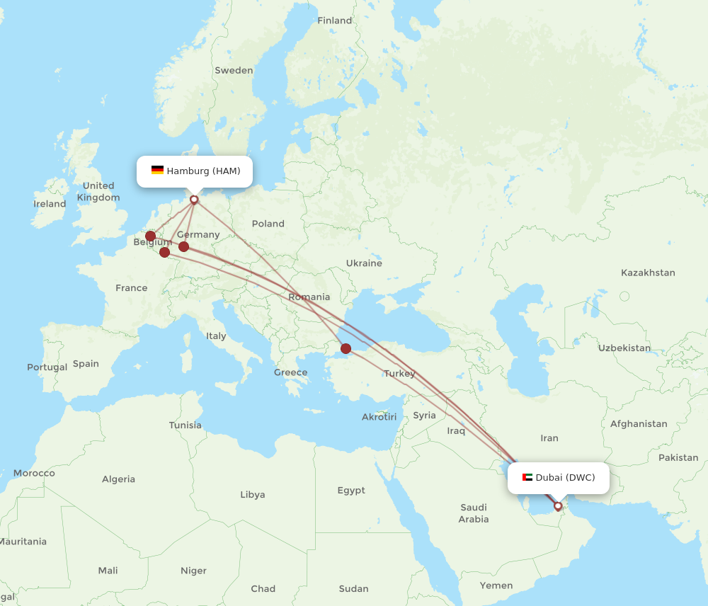 HAM to DWC flights and routes map