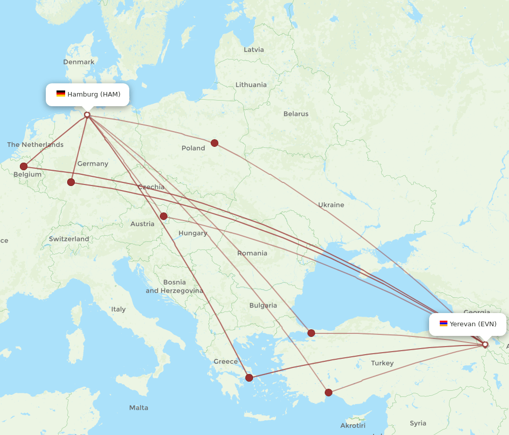 HAM to EVN flights and routes map