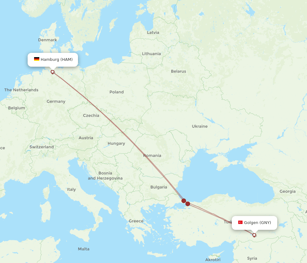 HAM to GNY flights and routes map