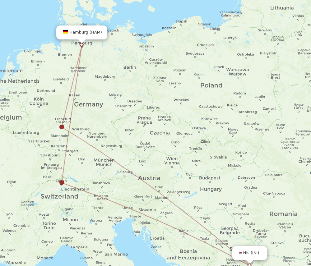 HAM to INI flights and routes map