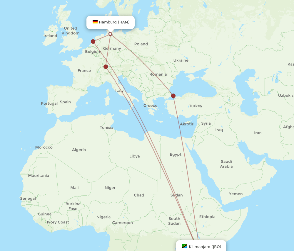 Kilimanjaro - Hamburg route map and flight paths