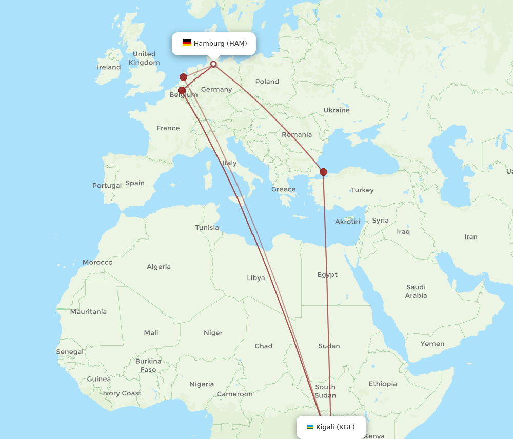 HAM to KGL flights and routes map