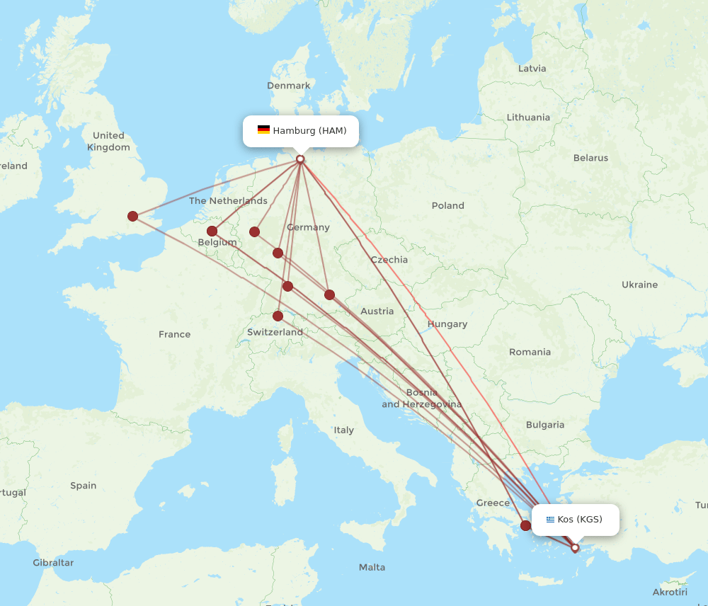 HAM to KGS flights and routes map