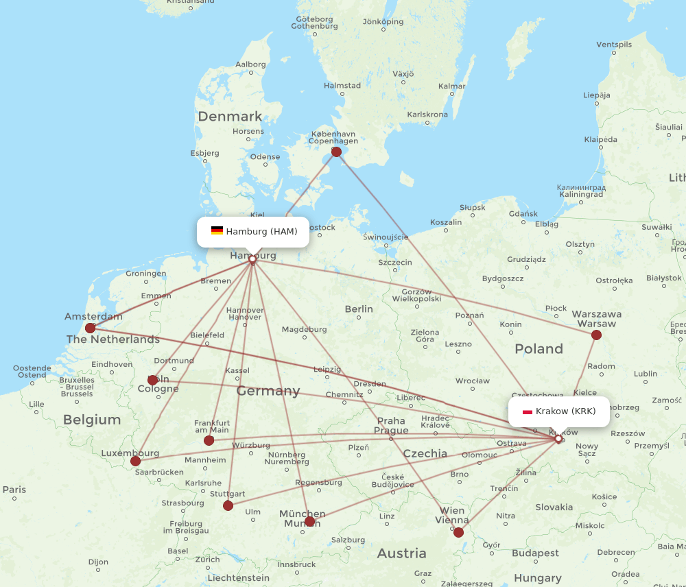 HAM to KRK flights and routes map