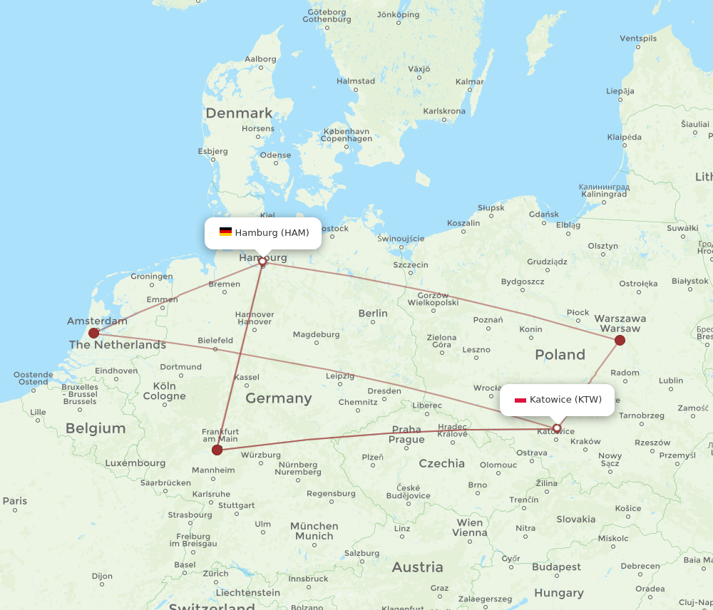 HAM to KTW flights and routes map