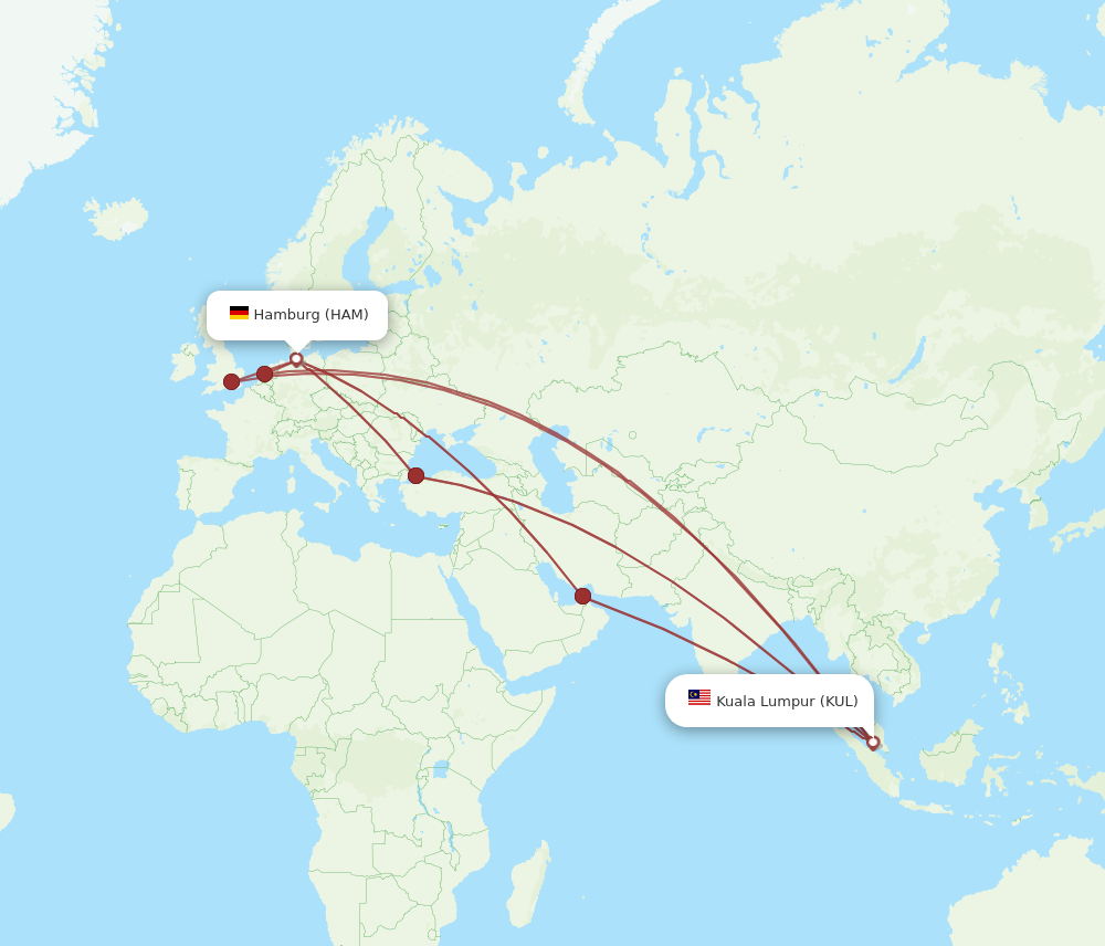 HAM to KUL flights and routes map