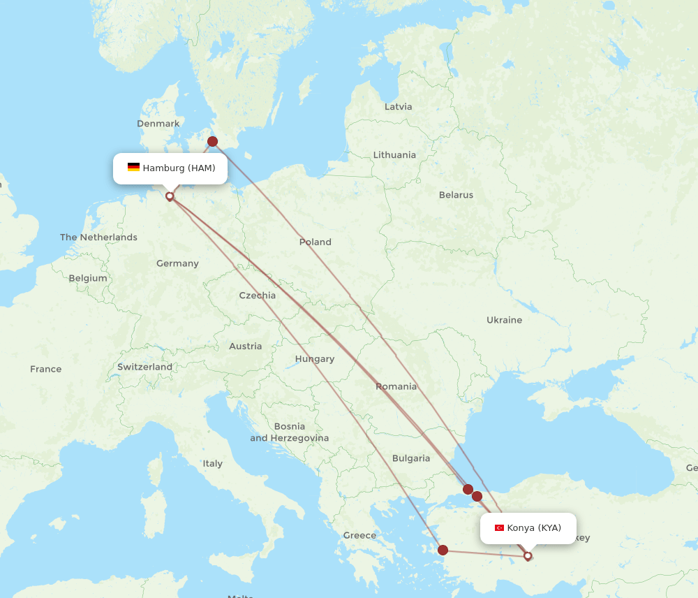 HAM to KYA flights and routes map