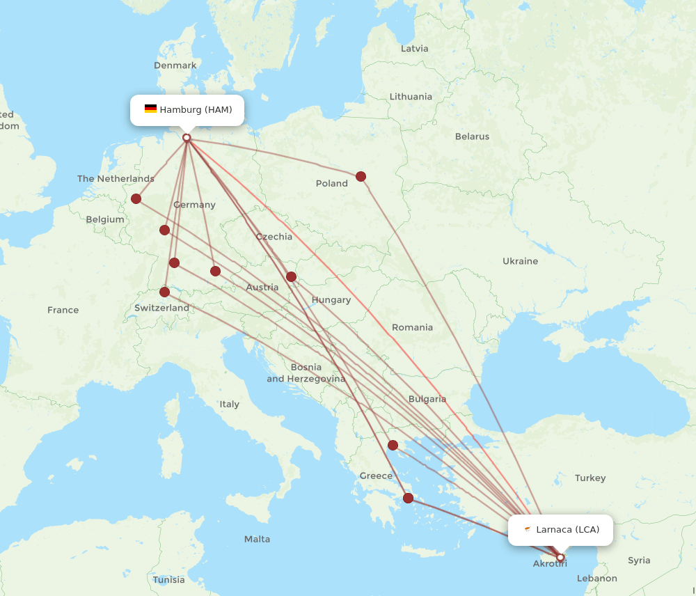 HAM to LCA flights and routes map