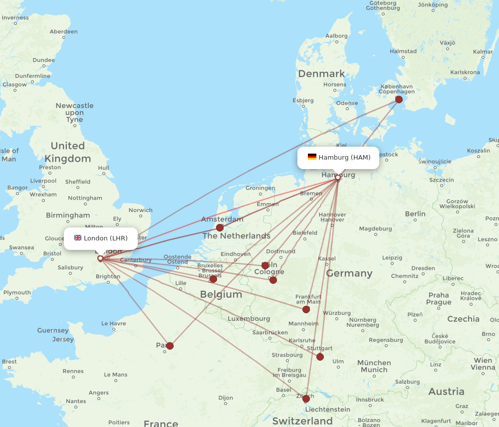 HAM to LHR flights and routes map