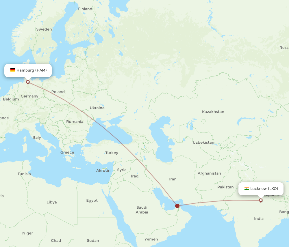 Hamburg - Lucknow route map and flight paths