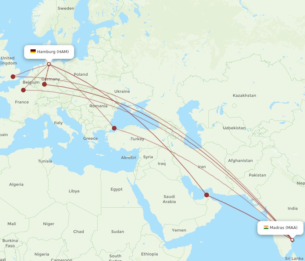 HAM to MAA flights and routes map