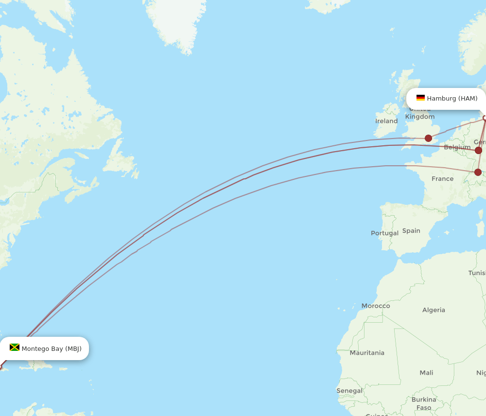 HAM to MBJ flights and routes map