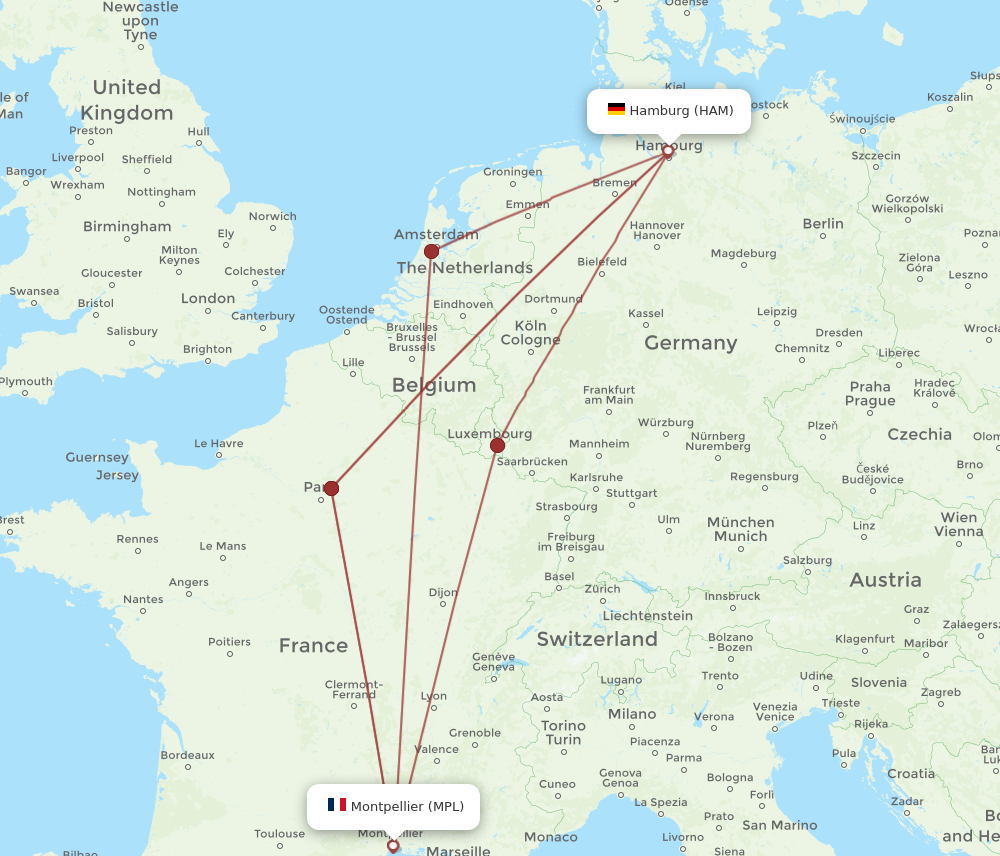 HAM to MPL flights and routes map